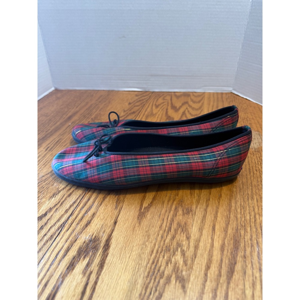 Vintage Keds Plaid Ballet Flats 10M Red Green Gold Metallic Holiday 90s WF-4016M